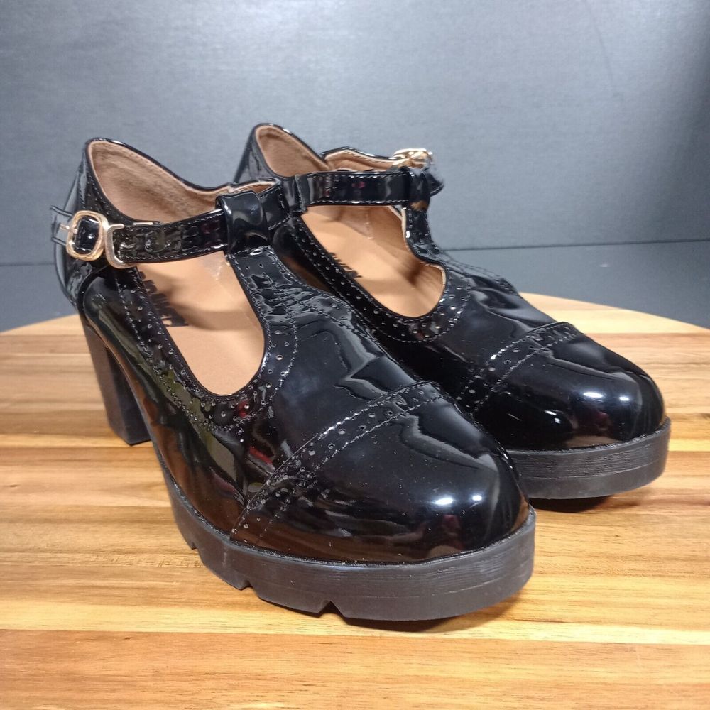 DADAWEN Womens Leather Classic T-Strap Platform Chunky Mary Jane Sz‎ 9.5 Goth - Picture 5 of 16